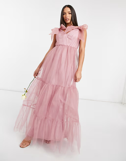 ASOS DESIGN Tall tulle bow tie tiered maxi dress in rose | ASOS (Global)