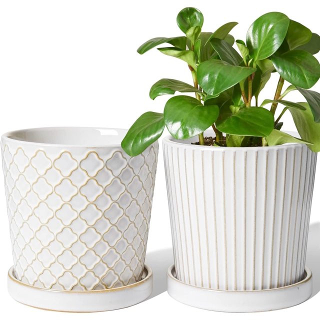 LE TAUCI Embossed Ceramic Plant Pots, Set of 2, 5.4 Inch Flower Pots for Indoor Plants, Planters ... | Walmart (US)