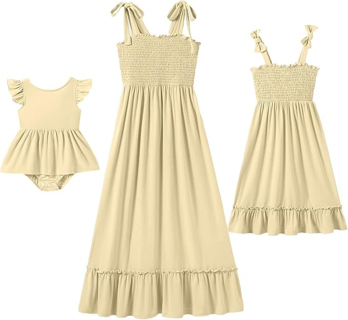 IFFEI Mommy and Me Dresses Summer Matching Outfits Spaghetti Strap Square Neck Ruffle A Line Beac... | Amazon (US)