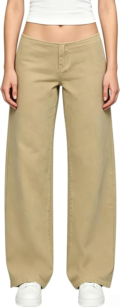 Womens Adjustable Low Rise Jeans Baggy Wide Straight Leg Denim Pants | Amazon (US)