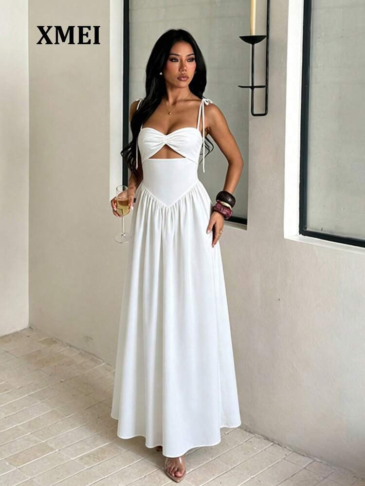 Sexy, Pure And Charming, Vacation Girl Hollow Waist Strapless Puff Sleeve Dress, Beach Holiday Sp... | SHEIN