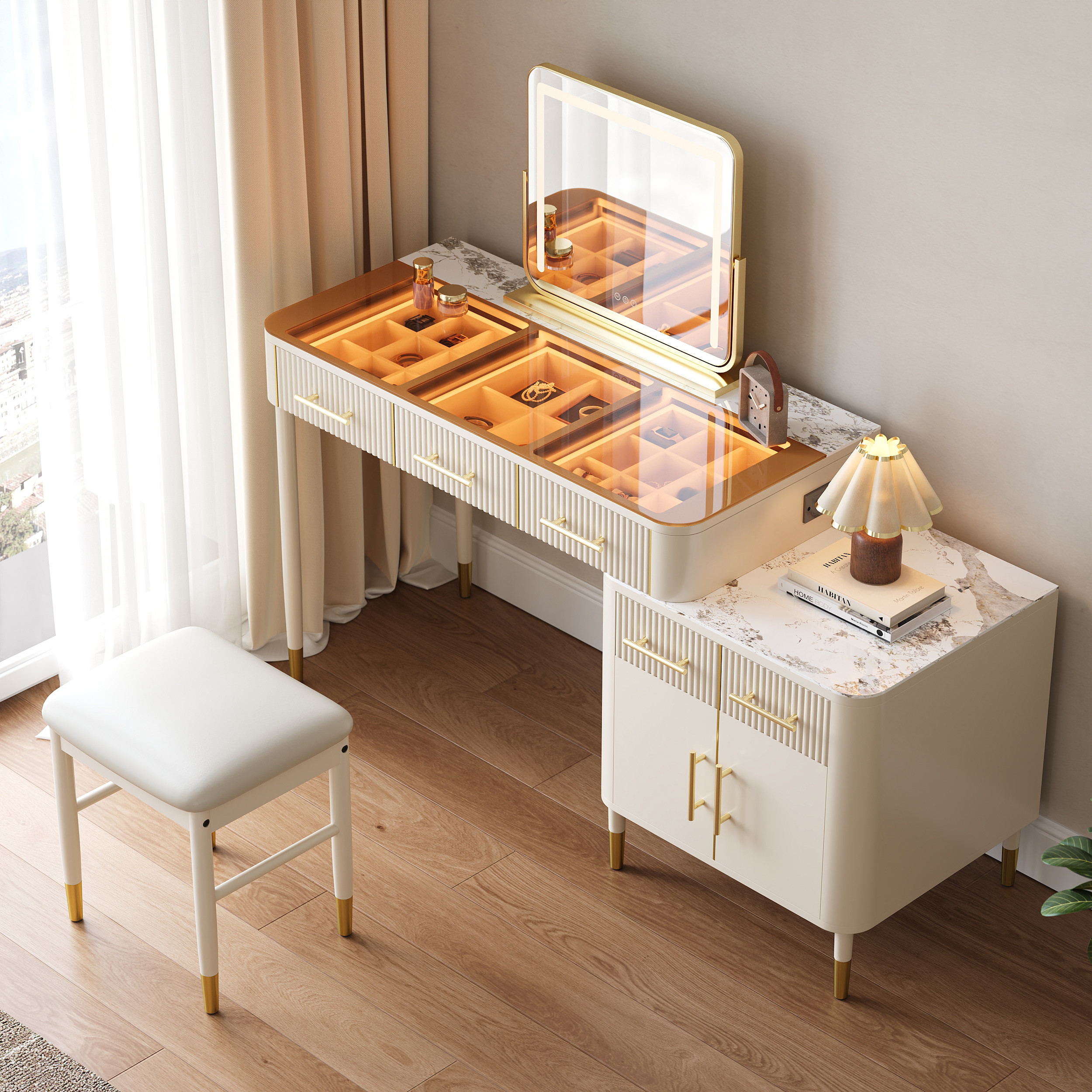 White Makeup Vanity Set with Lighted Mirror & Stool Mid Century Modern Dressing Table with Glass Top | Homary