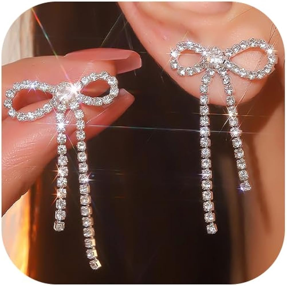 Christmas Bow Earrings for Women Red Dangling Earring for Holiday Gift Rhinestone Gold Bow Earrin... | Amazon (US)