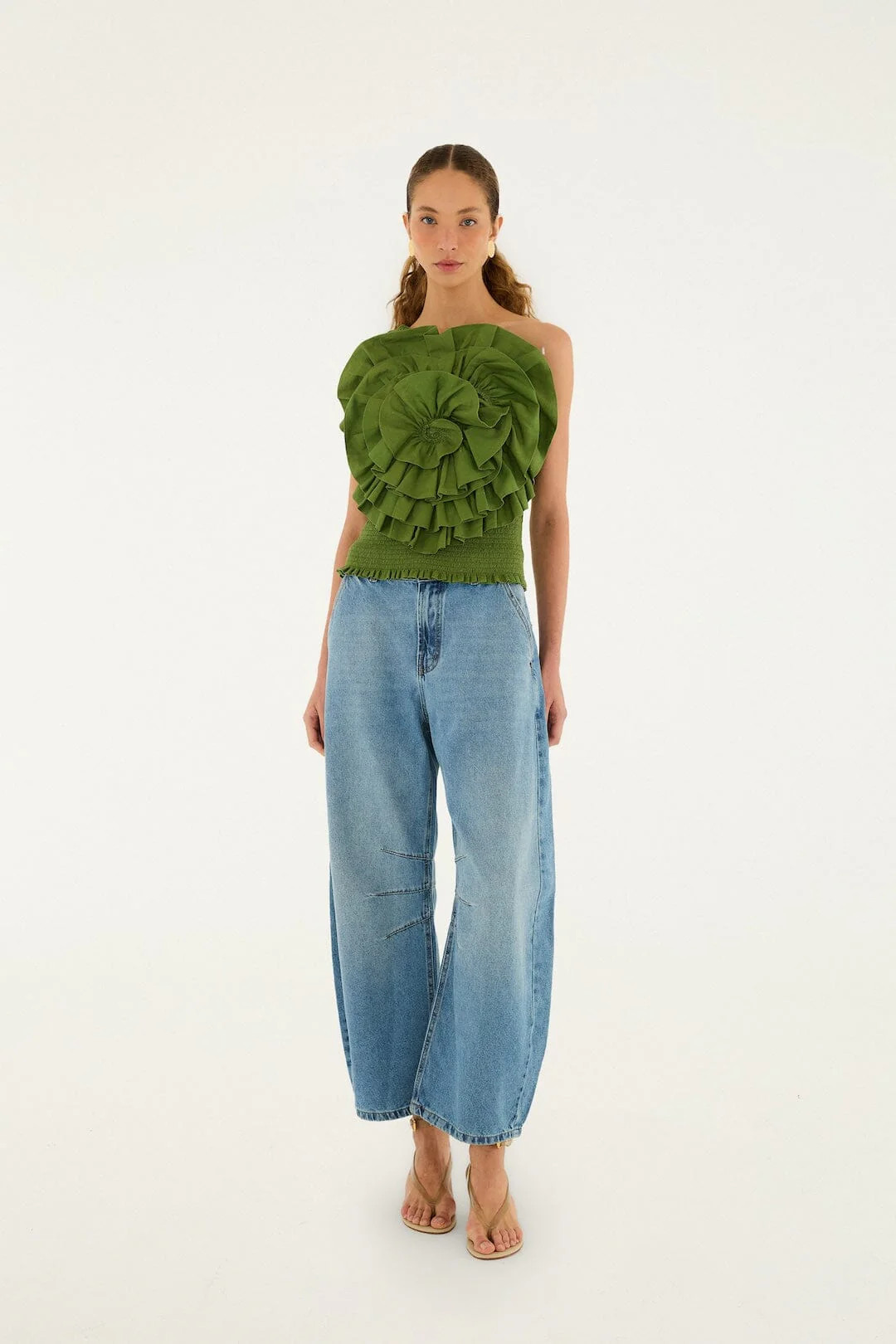 Green One Shoulder Lenzing Ecovero Euroflax Blouse | FARM Rio | FarmRio (US)