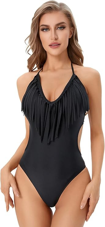 Milumia Women's Fringe Trim Cut Out One Piece Swimsuit Tie Back Halter Bathing Suit Swimwear | Amazon (US)