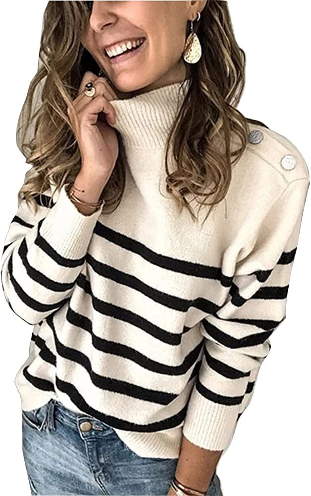KIRUNDO Winter Women’s Long Sleeves Knit Sweater Turtleneck Striped Print Loose Pullover Tops Deco w | Amazon (US)