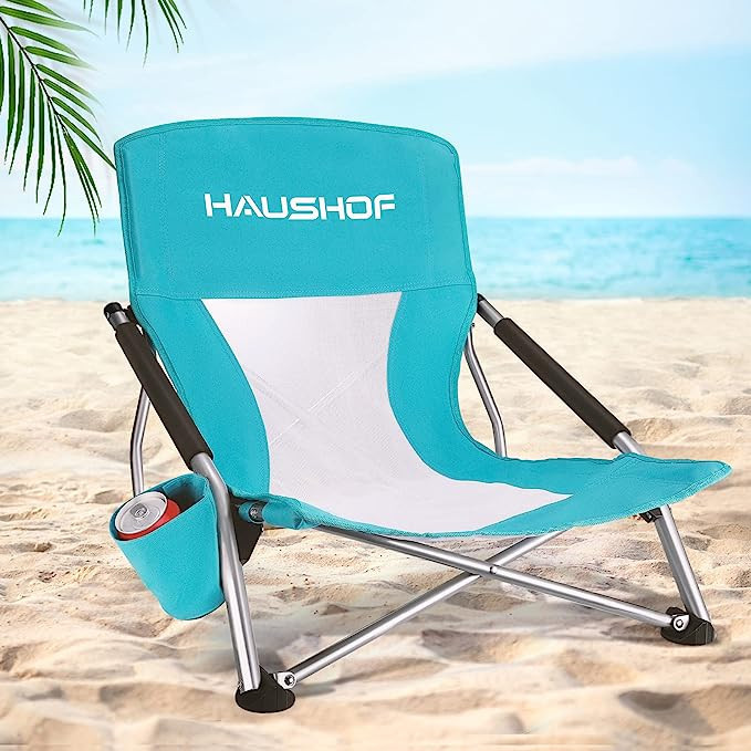 HAUSHOF Low Beach Chair, Mesh Back Folding Chair, Lightweight Low Seat Camping Chairs with Cup Ho... | Amazon (US)