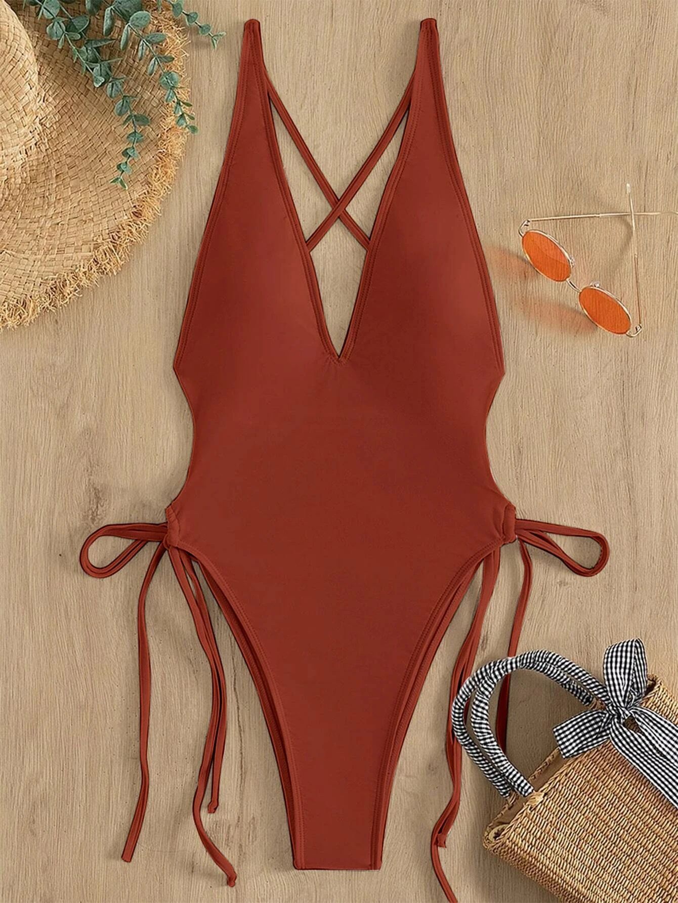 Drawstring Plunging One Piece Swimsuit | SHEIN