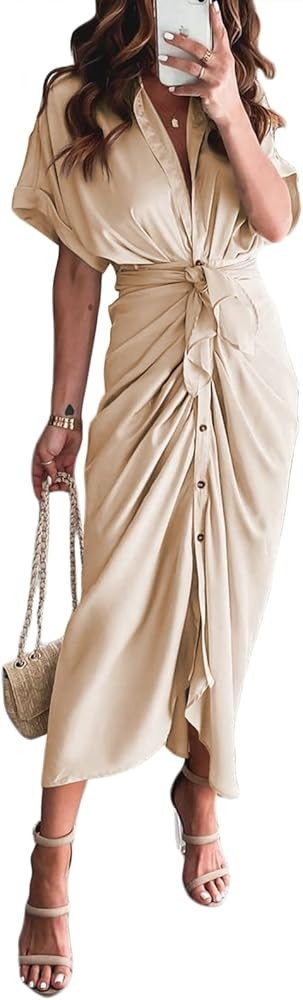 Linsery Women's Satin Shirt Dress Ruched Short Sleeve Button Up Belted Wrap Maxi Dresses | Amazon (US)