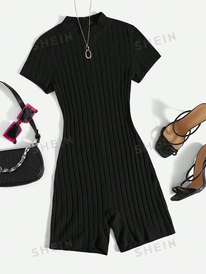 SHEIN EZwear Plus Mock Neck Ribbed Knit Romper | SHEIN