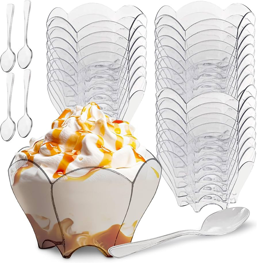 Flower Shape Mini Bowl - Spoons Included - 2.7 ounce - 50 Count - Clear Plastic - Six Sided Bowl ... | Amazon (US)