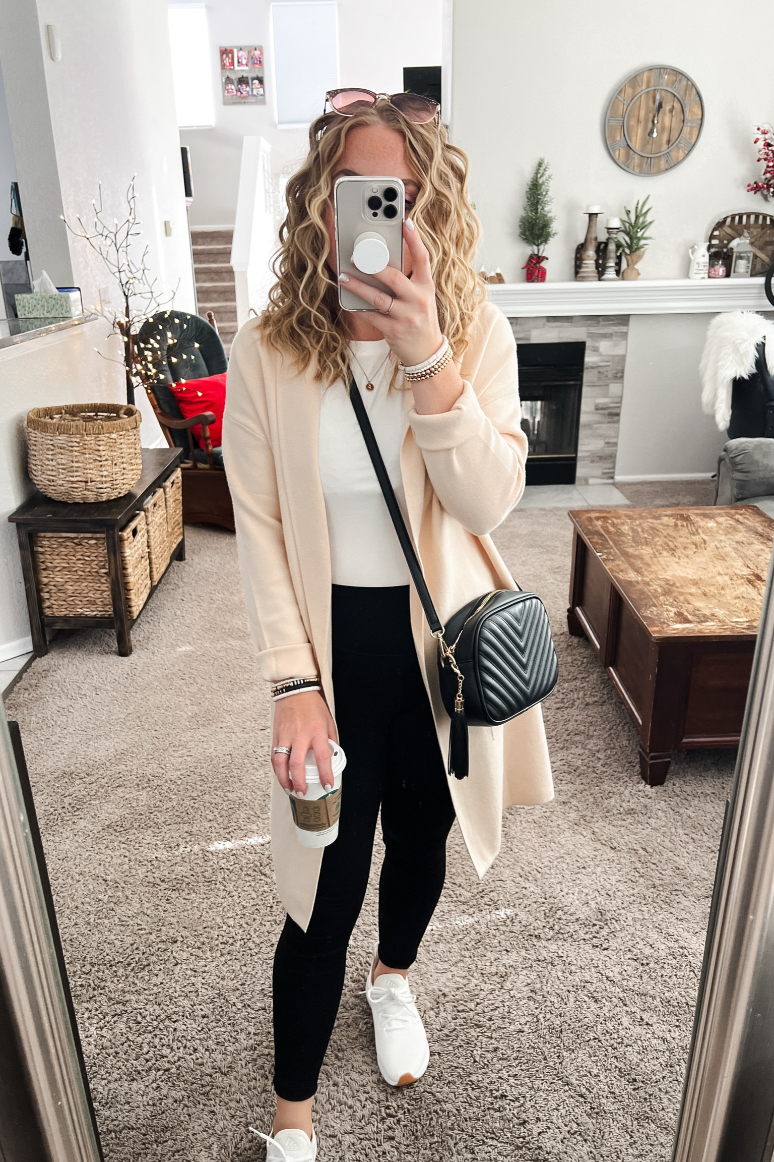 Winter to spring transitional outfit with a beige coatigan, white tee, leggings, white sneakers, and black crossbody bag. Everything fits TTS. 
//Amazon outfit ideas, travel outfit, casual outfit ideas, casual fashion, amazon fashion, found it on amazon, amazon casual outfit, cute casual outfit, outfit inspo, outfits amazon, outfit ideas, Womens shoes, amazon shoes, Amazon bag, purse, size 4-6, winter outfit Amazon, early spring outfits #ltkitbag #ltkunder100 #ltksalealert #ltktravel 

#LTKfindsunder50 #LTKshoecrush #LTKstyletip