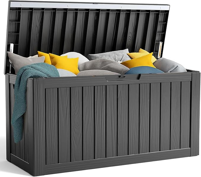 90 Gallon Resin Deck Box, Lockable Patio Outdoor Storage Box for Furniture, Garden Tools and Tool... | Amazon (US)