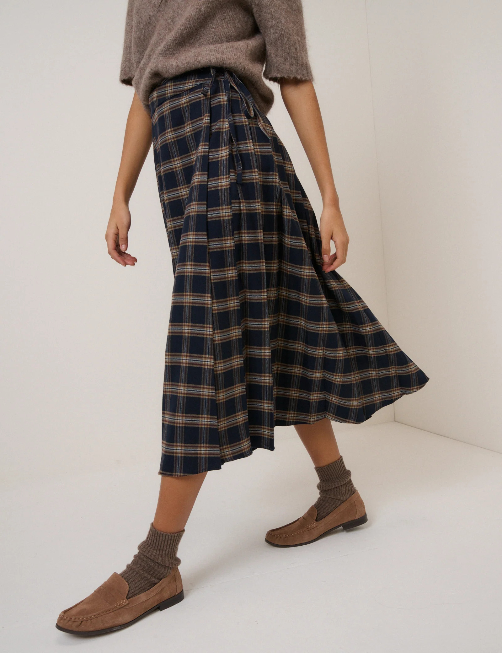 Navy Check Tailored Kilt Midi Skirt | Nobody's Child