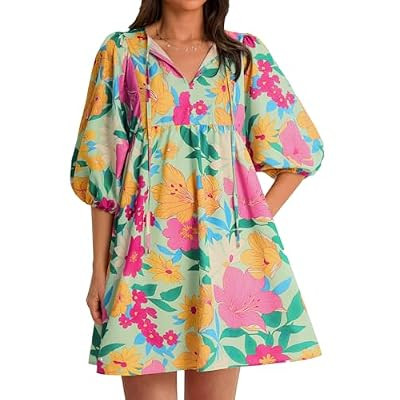 Yousify Womens Summer Dresses Floral Mini Babydoll Dress V Neck Puff Sleeve Loos… | Amazon (US)
