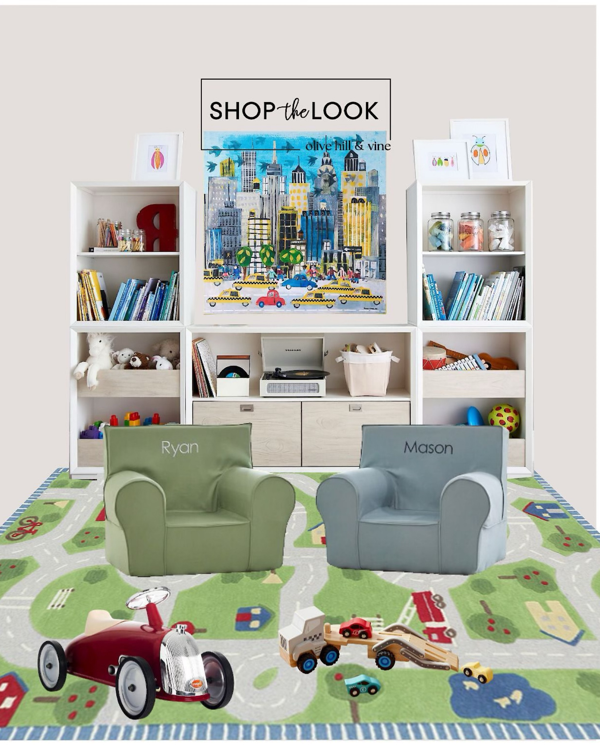 Welcome to the playroom of your dreams! Build your perfect space with a versatile wall system combining open displays and hidden storage. Spark creativity with an activity rug, a vintage ride-on car, a wooden toy transporter, vibrant city artwork, and personalized chairs. Time to play!

#LTKKids #LTKHome #LTKFamily