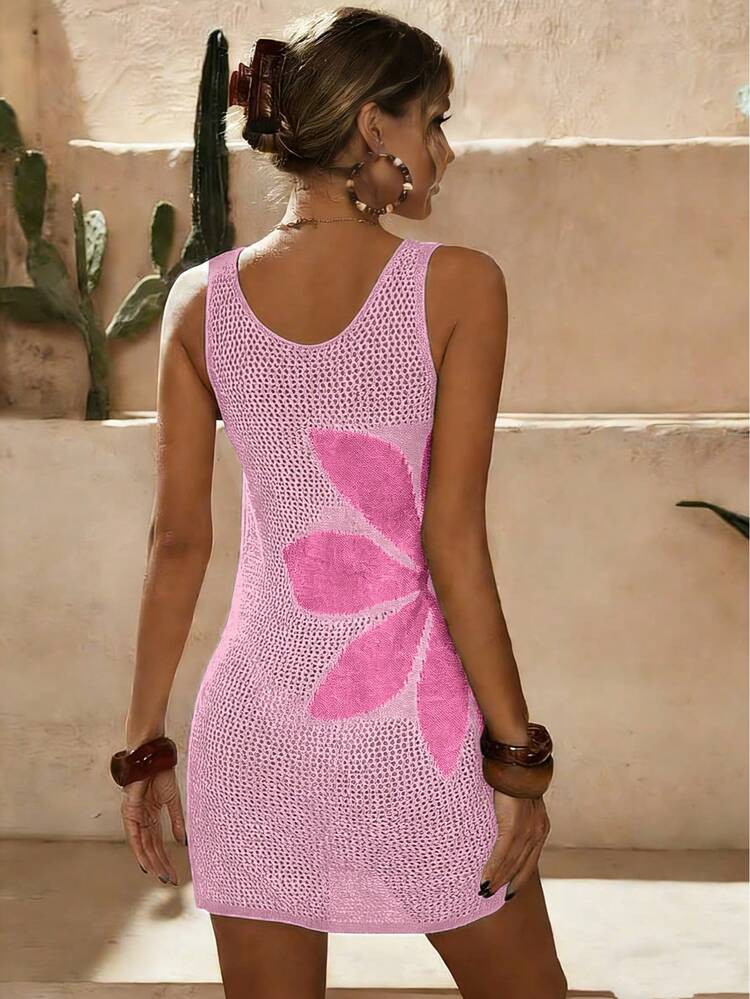 Loose Version Summer Women's Swimsuit, Crochet Hollow-Out Floral Beach Cover-Up Slit Elegant Dress, Women's Swimwear/Summer Clothing/Dress, Valentine's Day/Women's Swimsuit/Beach Outfit/Women's Resort Wear/Beach Dress/Women's Cruise Outfit Vacation | SHEIN