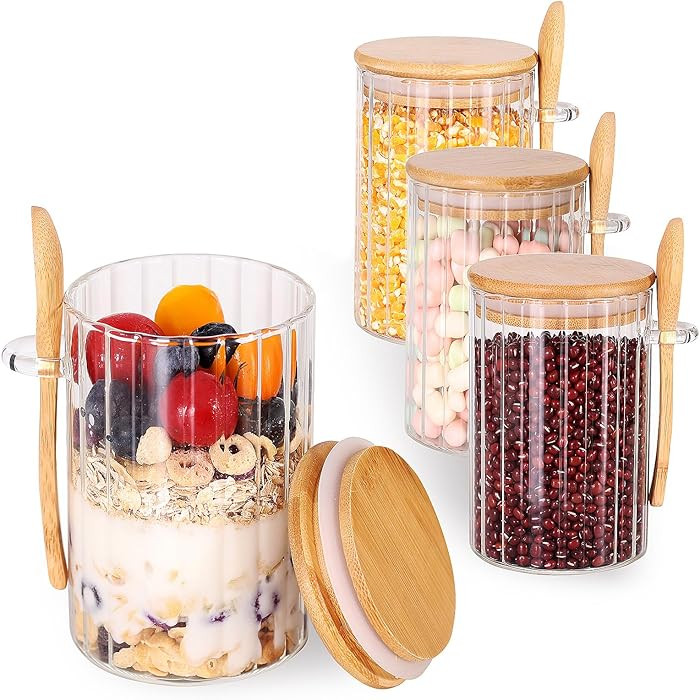 4 Pack Glass Containers with Lids and Spoons, Overnight Oat Container with Lids Glass, Oatmeal Ja... | Amazon (US)