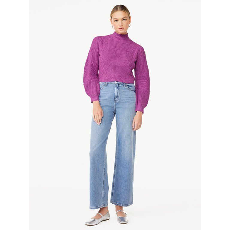 Scoop Women's Crop Cable Pullover Sweater with Long Sculpted Sleeves, Sizes XS-XXL | Walmart (US)