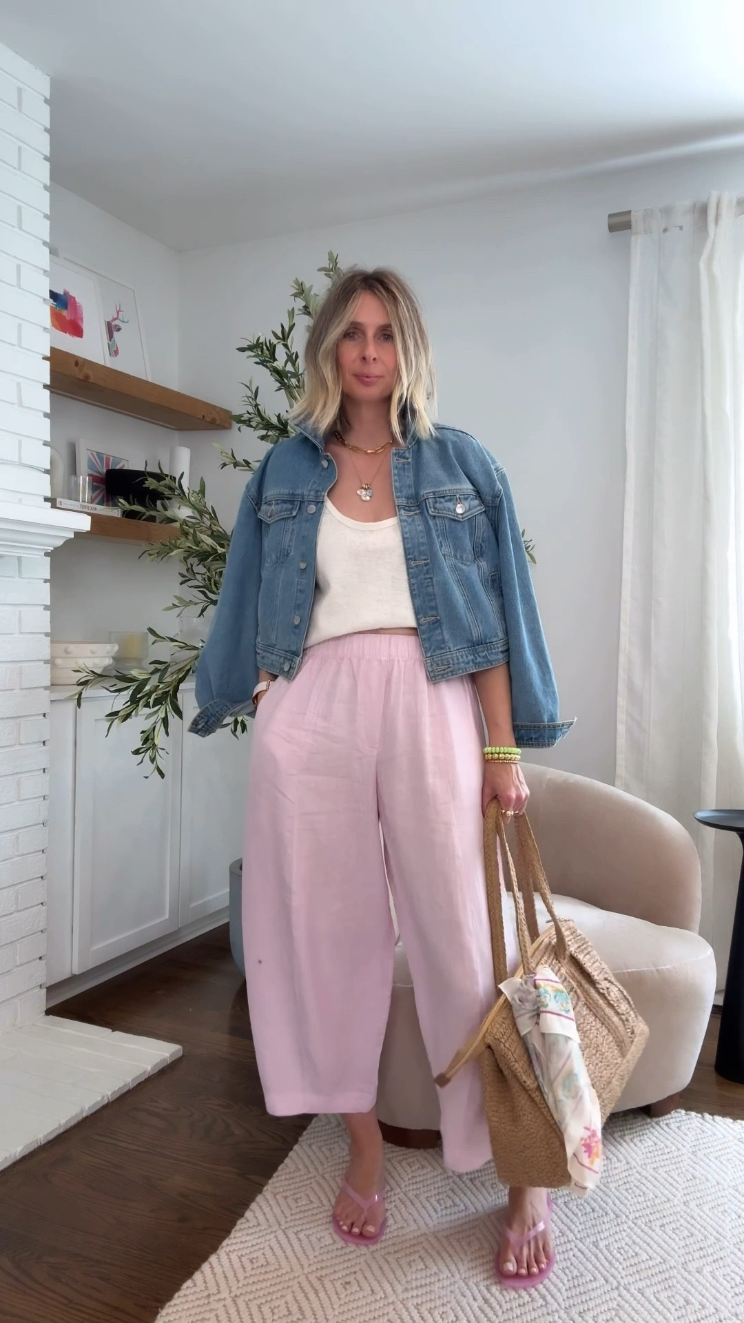 effortless, comfy and cool! that’s gonna be my summer vibe. you want in? ☀️💕🍧🍹

these pants. THESE PANTS, PEOPLE! the color. the shape. the fabric. free people vibes. zara pricing! i’m wearing the small. 🫶

annnnd, this TANK (wearing the medium for a looser fit)  it just so happens to be my favorite new target find. elevate your everyday with this beauty. p.s it’s only $15. 🤍

i’m wearing these pink SANDALS (size up one size) as a neutral. they are so delicate throw ‘em on with anything! 💕

can you even with this STRAW SATCHEL? target absolutely killed it with this piece. i just added a scarf for a little extra vibe! ✨

demin jacket is an oldie from target, but i’ve linked similar. annoying, i know. 😵‍💫

i’ve been wearing this EVIL EYE NECKLACE on repeat. sparky, but somehow also chill. love it! 🪬

BRACELETS are Sparkle For The Soul. use code LOVE to save a little $$.

elevate your everyday. effortless style. style me. summer style. easy outfit. cooloutfit for moms. 

#LTKOver40 #LTKootd #LTKgrwm