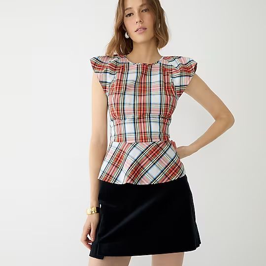 Cap-sleeve peplum top in Snowy Stewart tartan | J.Crew US