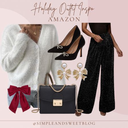 Holiday party outfit inspo! perfect for Christmas or New Year’s   I love this fuzzy cardigan paired with the sequin pants. Simple and elegant. Add some fun accessories, and a hair bow with a half up half down hair style. #AmazonFashion #FoundItOnAmazon.

#LTKstyletip #LTKHoliday #LTKSeasonal