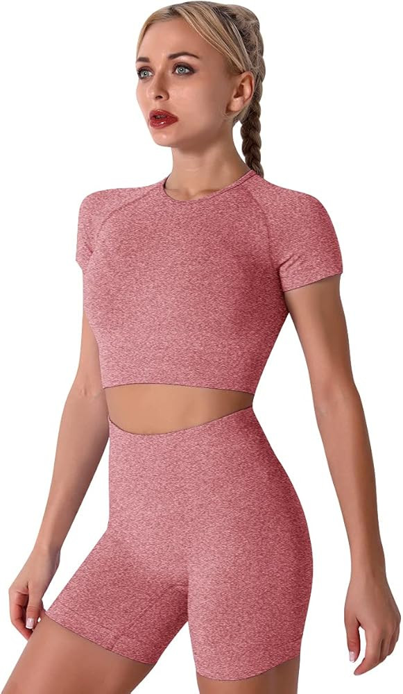 Women Seamless Yoga Outfits 2 Piece Workout Short Sleeve Crop Top with High Waisted Running Shorts S | Amazon (US)
