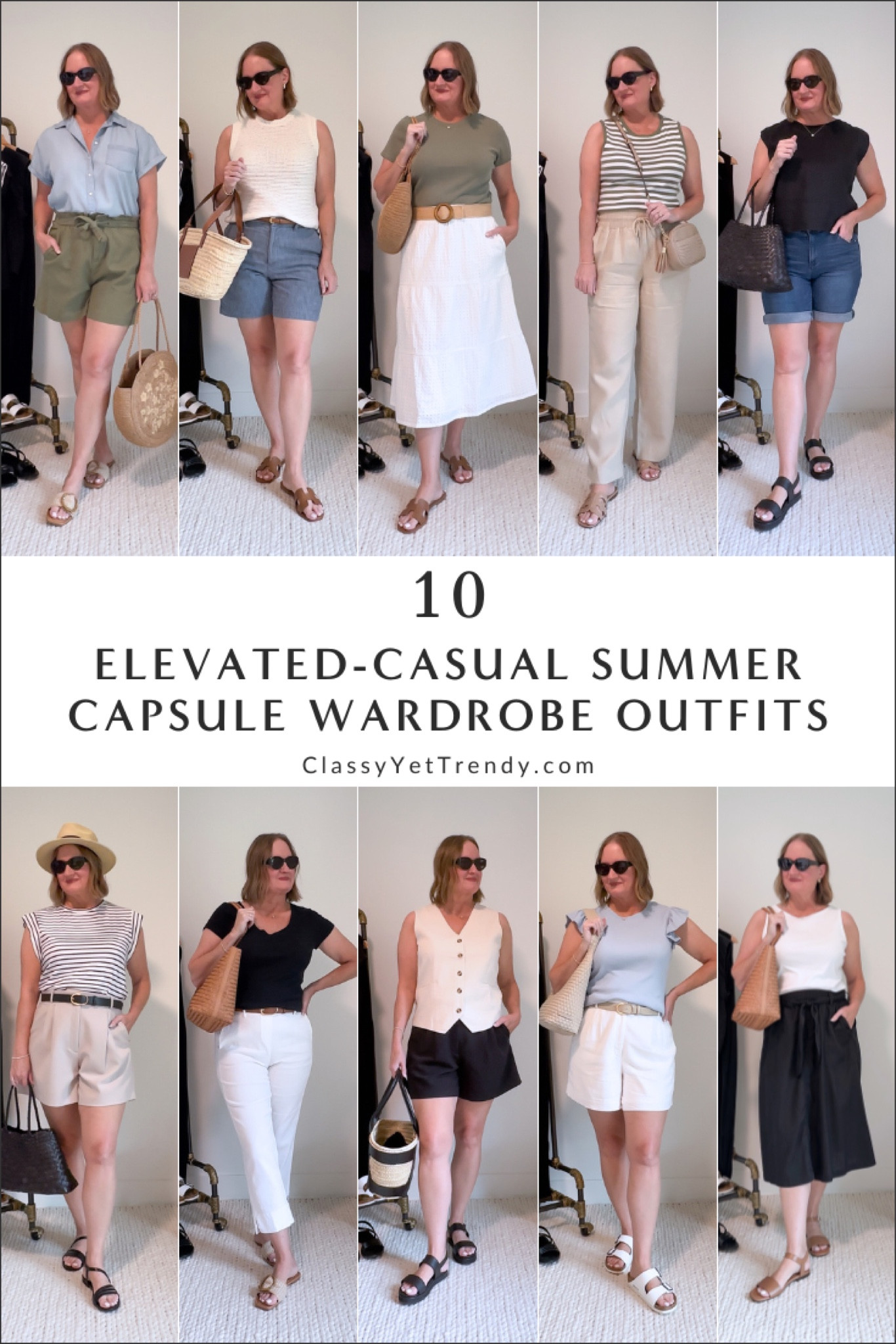 10 Elevated-Casual Summer Capsule Wardrobe Outfits ✔️ Styling the shorts, pants and skirts from my summer capsule wardrobe ☀️ 

See all outfits with shopping links at Classyyettrendy.com/blog