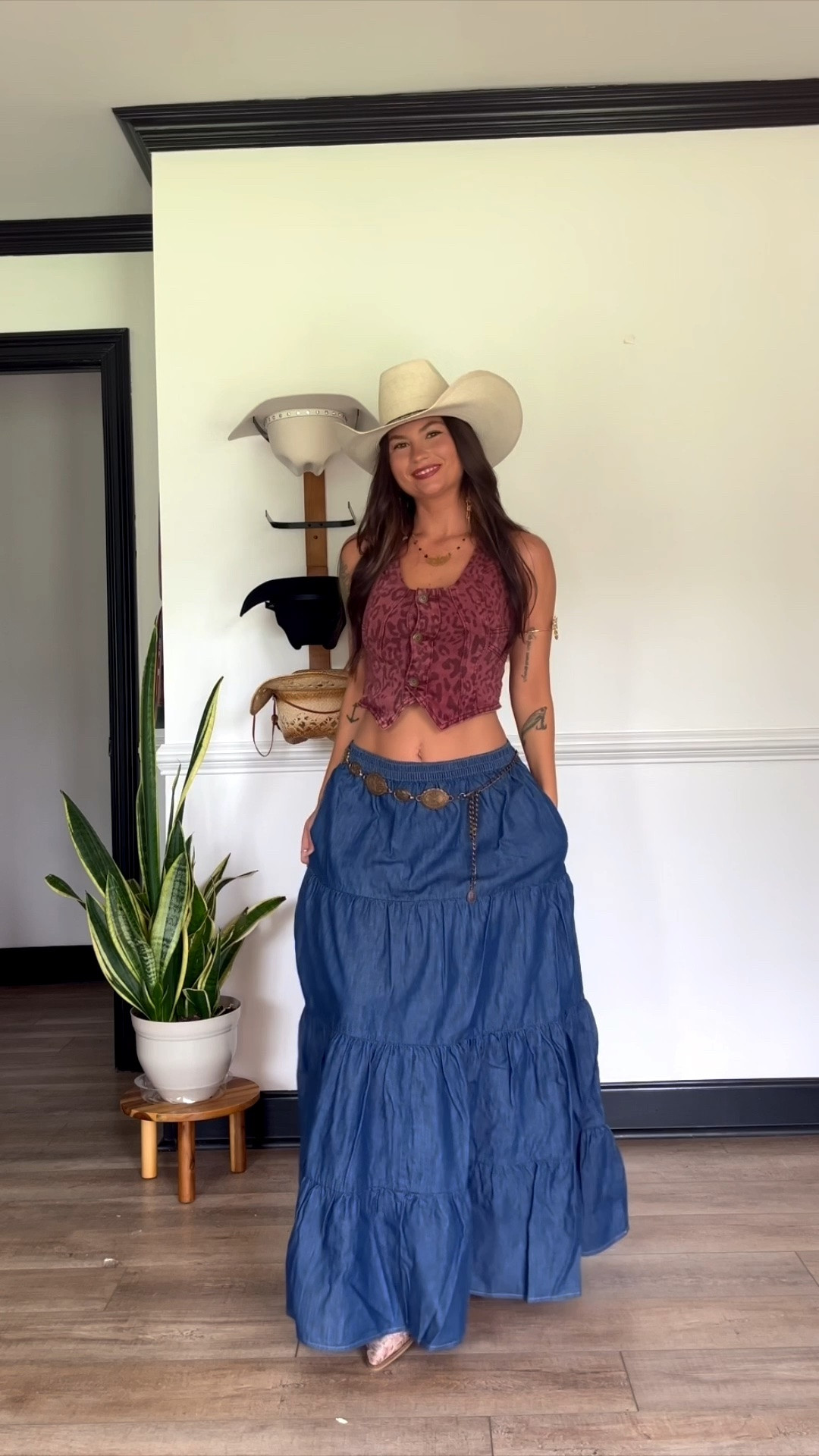Leopard print burgundy button down vest paired with tiered maxi skirt! Wearing xs top and medium skirt. Sized up on skirt for a low rise fit 

Jewelry from Highway Hippie code LORI10

#LTKootd #LTKgrwm #LTKSeasonal