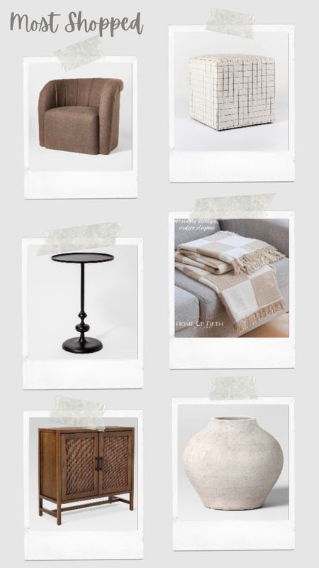 Most shopped 

Accent chairs 
Ottomans 
Accent tables 
Throw blankets 
Vases
Accent cabinets 

#LTKfindsunder100 #LTKhome #LTKfindsunder50