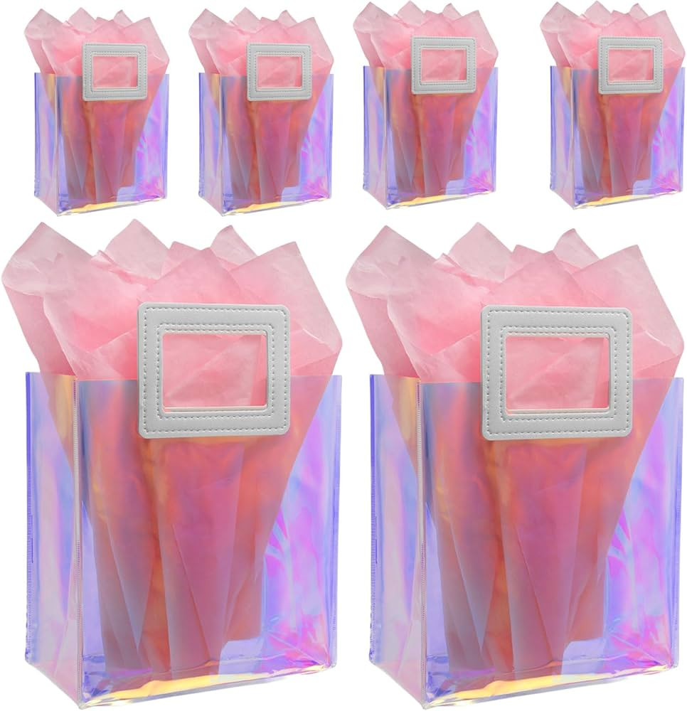 Caleihd 6PCS Holographic Clear Gift Bags with Tissue Paper, 7.9 * 7.1 * 3.9 inch Gift Bags with H... | Amazon (US)