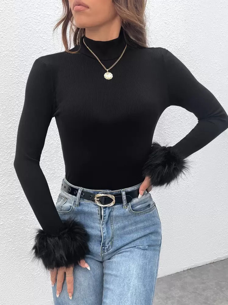 SHEIN Essnce Fuzzy Cuff Mock Neck Y2k Tee | SHEIN