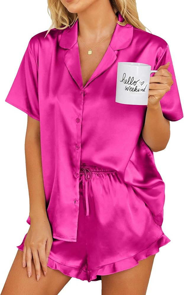 Ekouaer Womens Satin Pajamas Set Button Down 2 Piece Silk Pjs Shorts Set Ruffle Lingerie Notch Co... | Amazon (US)