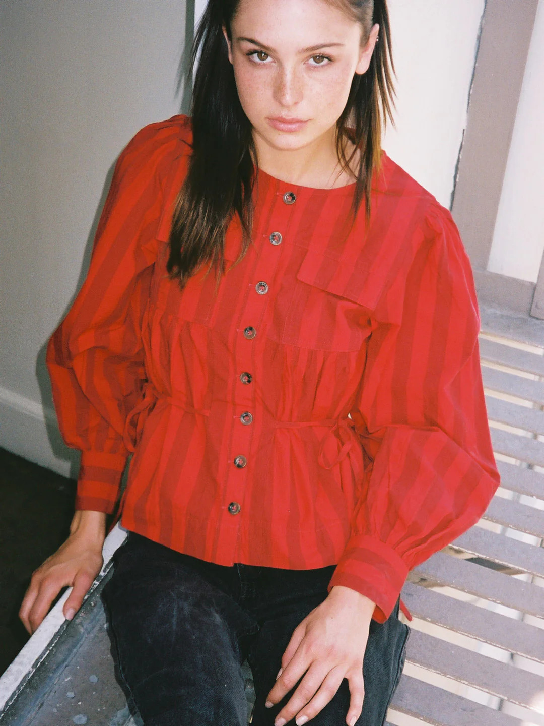 Charlize Blouse - Red Burgundy Stripe | Lisa Says Gah