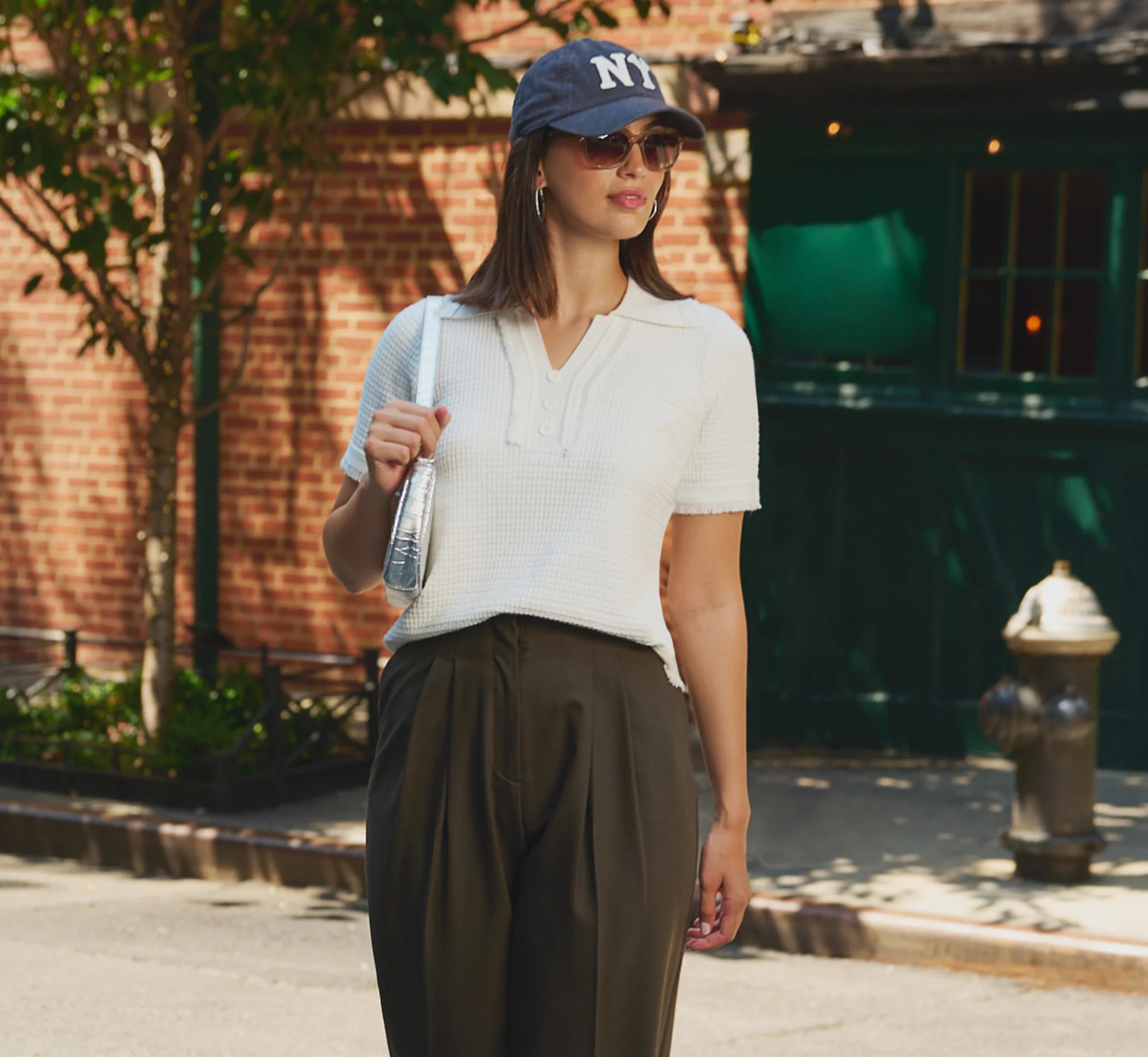 Short Sleeve Waffle Weave Polo Shirt In Ivory | Adrianna Papell