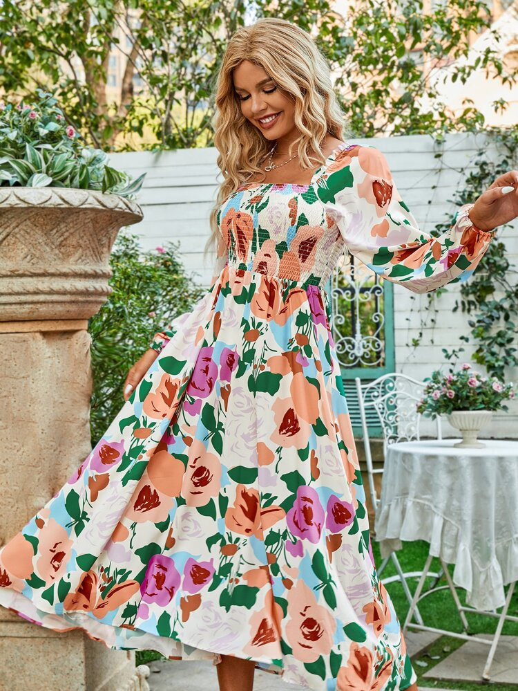 Floral Print Shirred Bishop Sleeve Square Neck A-line Dress | SHEIN