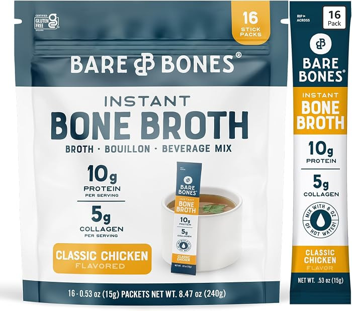 Bare Bones Classic Chicken Bone Broth Instant Powdered Mix Packets | 5g Collagen | 10g Protein | ... | Amazon (US)