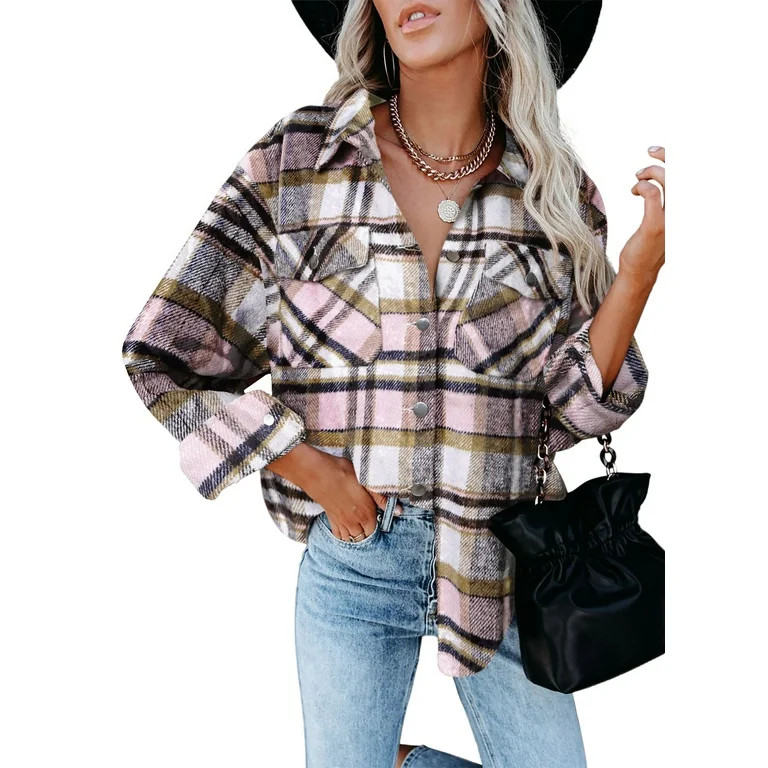 Dokotoo Women's Pink Classic Plaid Button Down Shirt Jacket for Women Long Sleeve Oversized Shirt... | Walmart (US)