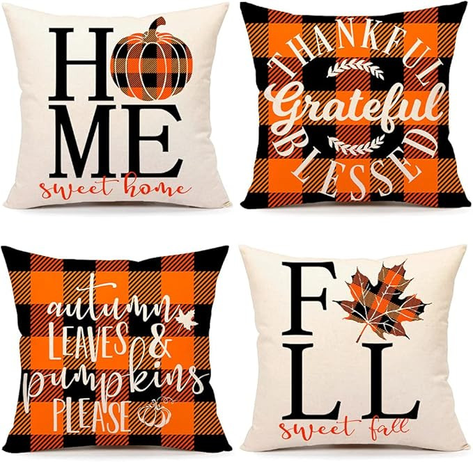 4TH Emotion Fall Decor Pillow Covers 18x18 Set of 4 Thanksgiving Buffalo Check Farmhouse Decorati... | Amazon (US)