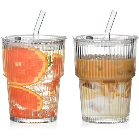 2PCS 380ML Ribbed Glass Tumblers with Lids and Straws, Iced Coffee Cup, Leakproof Glass with Straw and Lid for Iced Coffee, Cocktail, Tea, Smoothie | Walmart (US)
