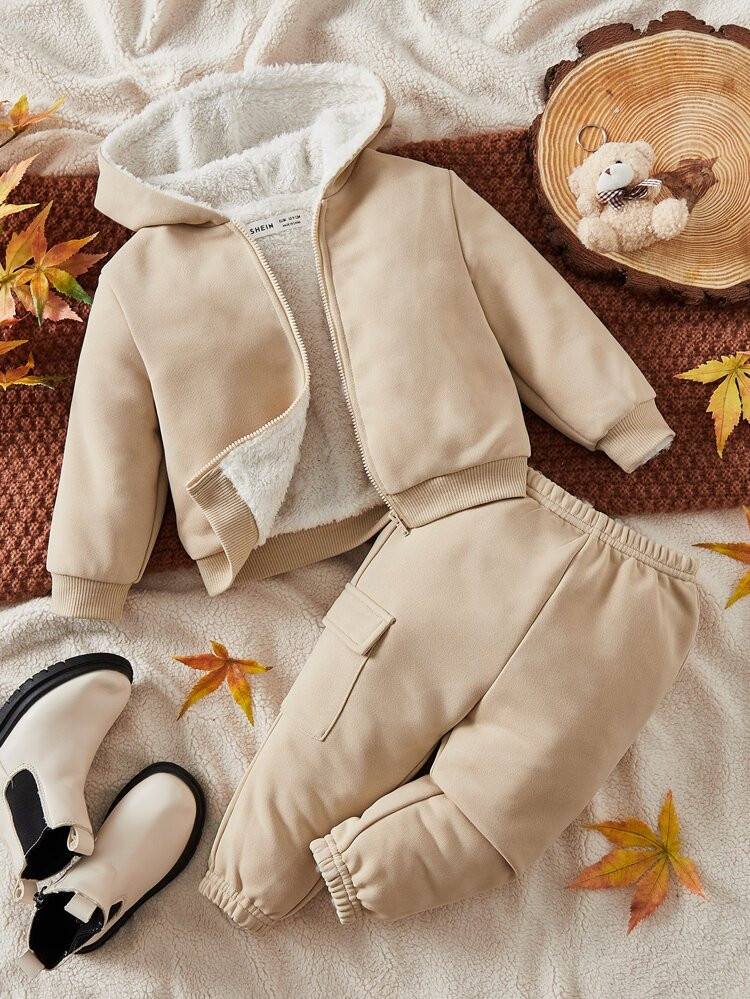 SHEIN Baby Zip Up Hooded Teddy Lined Jacket & Sweatpants | SHEIN