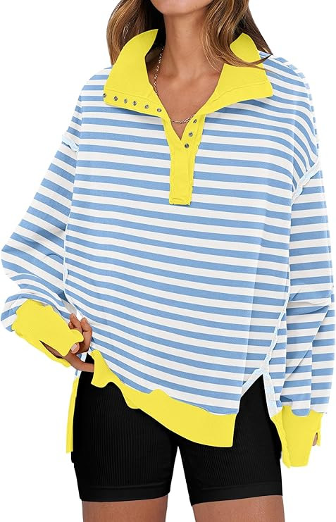 ANRABESS Women's Sweatshirts Oversized Casual Loose Button Up Henley Pullover Top High Low Split ... | Amazon (US)