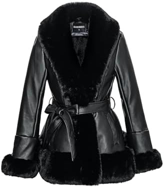GRAN ORIENTE Women's Faux Leather Jacket with Faux Fur Collar, Winter Long Sleeve Furry Trim Pepl... | Amazon (US)