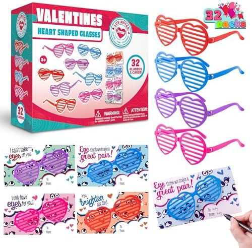 JOYIN 32 Packs Valentines Day Shade Glasses with Gift Cards Heart Shaped Shutter Heart Glasses Va... | Amazon (US)
