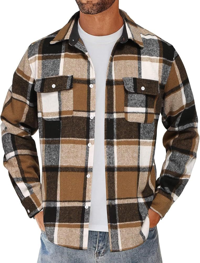 COOFANDY Men's Flannel Shirts Long Sleeve Cotton Plaid Shirt Jacket Casual Button Down Shirt with... | Amazon (US)