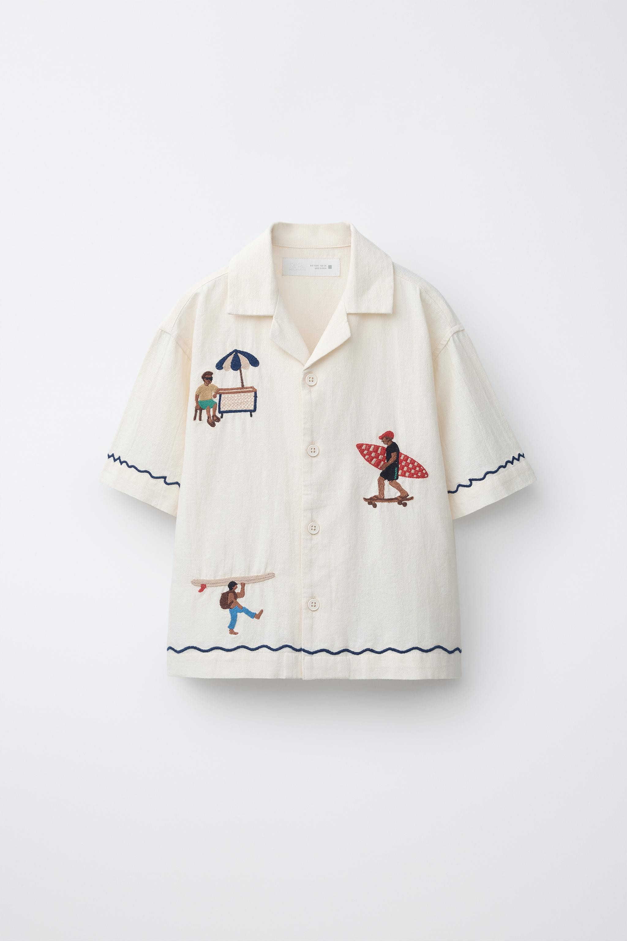 EMBROIDERED LINEN BLEND BOWLING SHIRT | Zara US