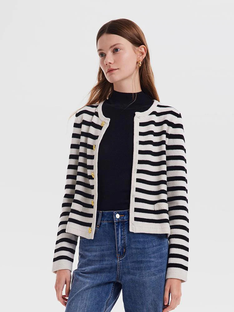 Button Up Woolen Striped Lady Cardigan | GOELIA