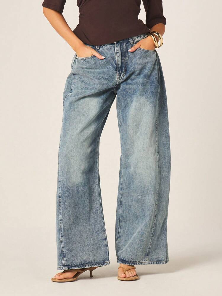 MISSGUIDED Washed Faded Box Pleated Waistband Wide Leg Low Rise Jeans | SHEIN