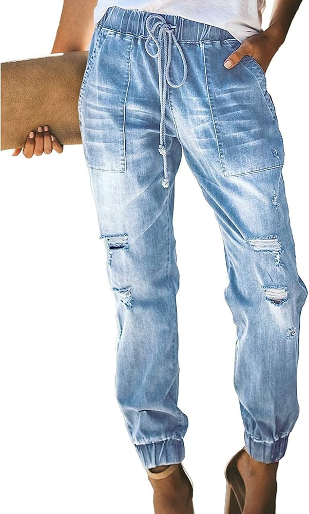 LONGYIDA Jean Joggers for Women Denim Ripped Loose Jeans High Waisted Stretch Drawstring Denim Jo... | Amazon (US)