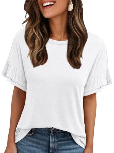 AUTOMET Women's Casual Short Sleeve T Shirts Dressy Tshirt 2025 Trendy Crewneck Ruffle Cute Tee Work Business Blouses Tops Summer Outfits Fashion Clothes White S | Amazon (US)